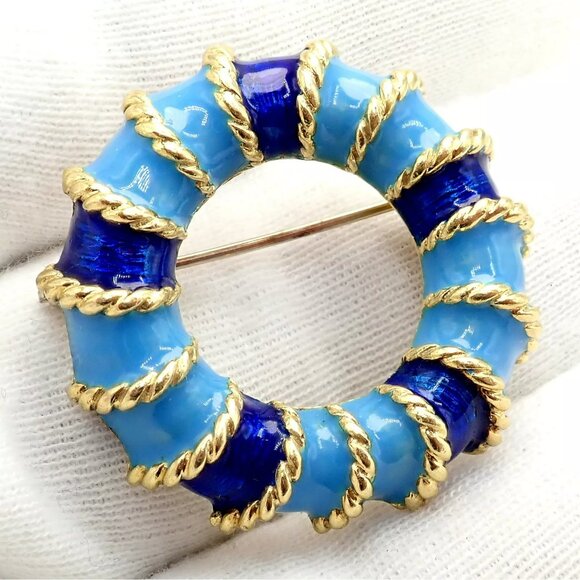 Rare! Vintage Tiffany & Co 18k Yellow Gold Blue Enamel Circle Rope Brooch Pin - Picture 8 of 13